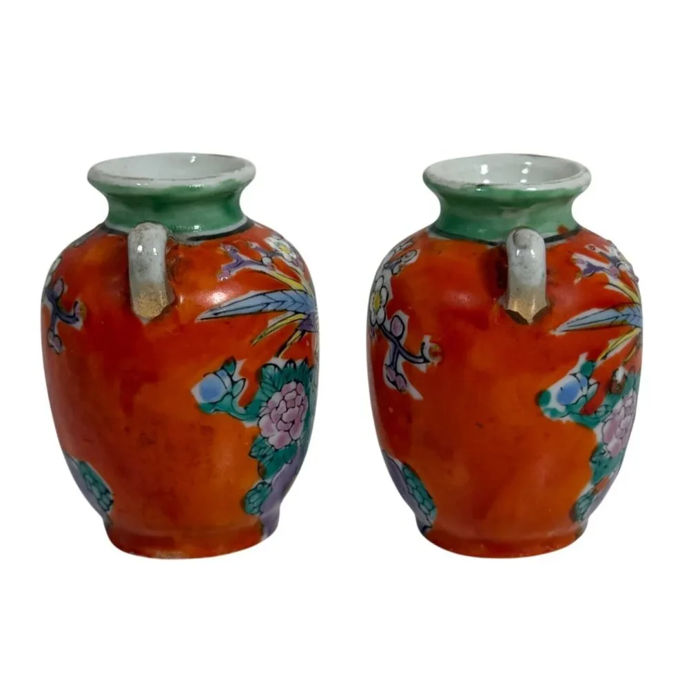 TWO Vintage Gold Castle Chikusa Hand-Painted Vases Flowers Birds Made In Japan